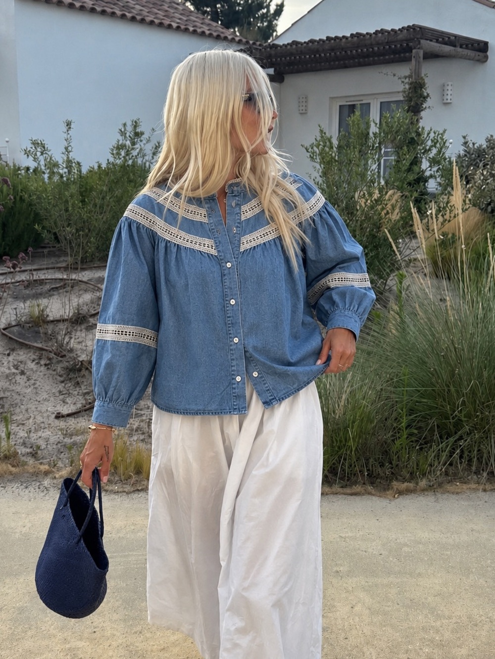 Denim Lace-Trim Button Front Blouse Blue Small NWT Prairie Cottage Core Romatic